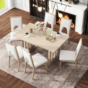 Farmhouse Style Nartural Wood Wash 7-Piece Rectangle Wood Top Dining Set Seats 6 with Upholstered Chairs