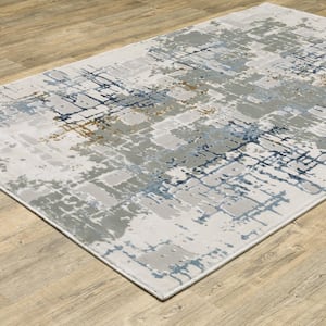 Emory Ivory/Blue 2 ft. x 8 ft. Industrial Abstract Polypropylene Polyester Blend Indoor Runner Area Rug