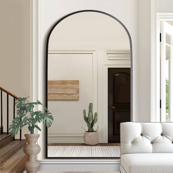 Black 37 in. W x 70 in. H Right Angled Arched Aluminum Alloy Thin Edge Full Length Mirror (with Bracket)