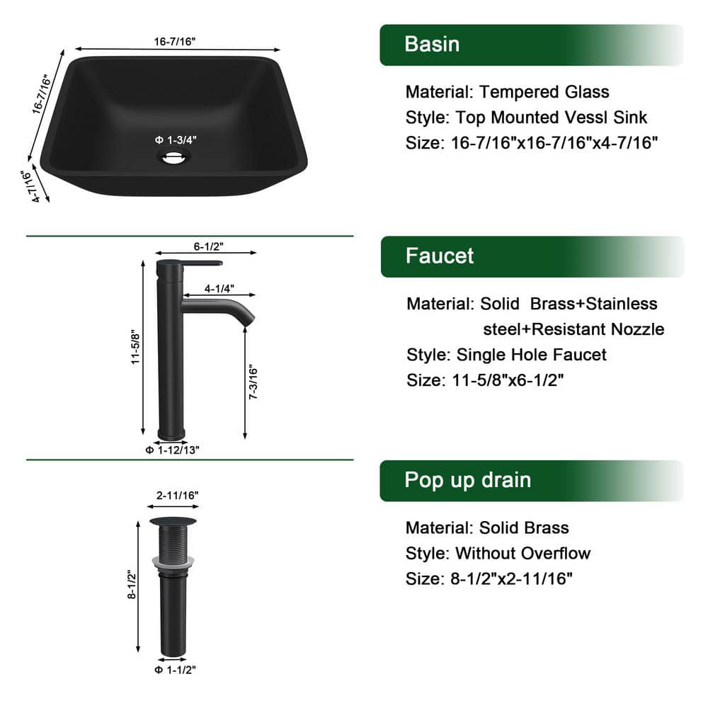 16.42 Inch Matte Black Glass Square Vessel Sink with Faucet