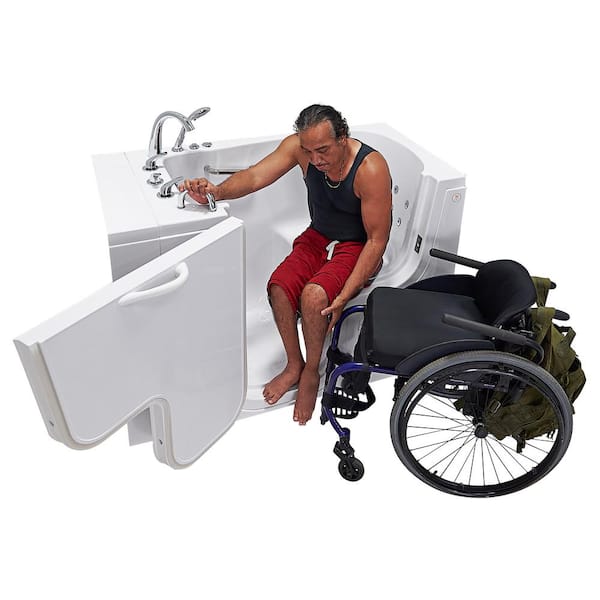 Wheelchair Transfer 52 in. Acrylic Walk-In Whirlpool Bathtub in White with Faucet Set, Heated Seat, LHS 2 in. Dual Drain