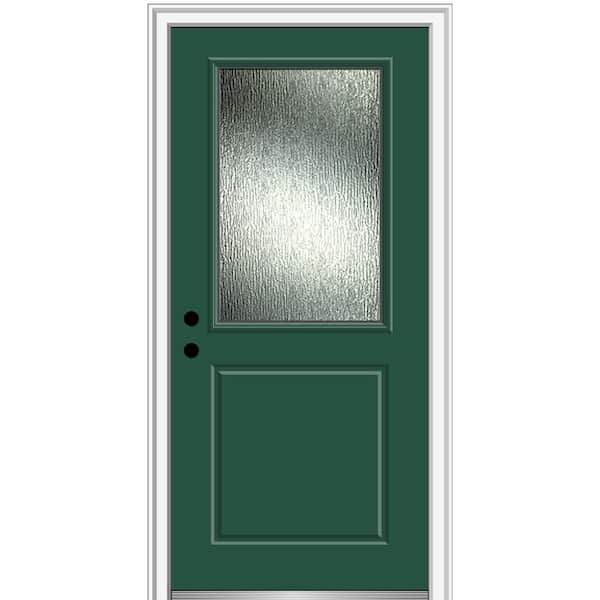 MMI Door 32 in. x 80 in. Right-Hand Inswing Rain Glass Hunter Green Fiberglass Prehung Front Door on 4-9/16 in. Frame