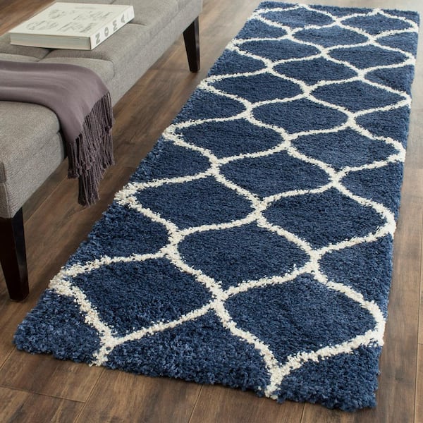 Hudson Shag Navy/Ivory 2 ft. x 14 ft. Geometric Trellis Runner Rug