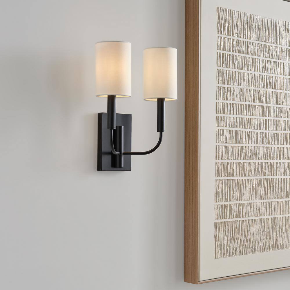 Brianna Aged Iron 2-Light Wall Sconce with White Linen Shade