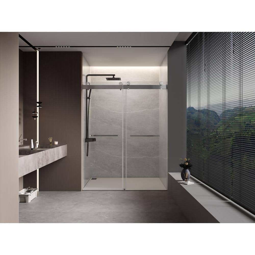 60'' Frameless Clear Glass Sliding Shower Door with Brushed Nickel Frame
