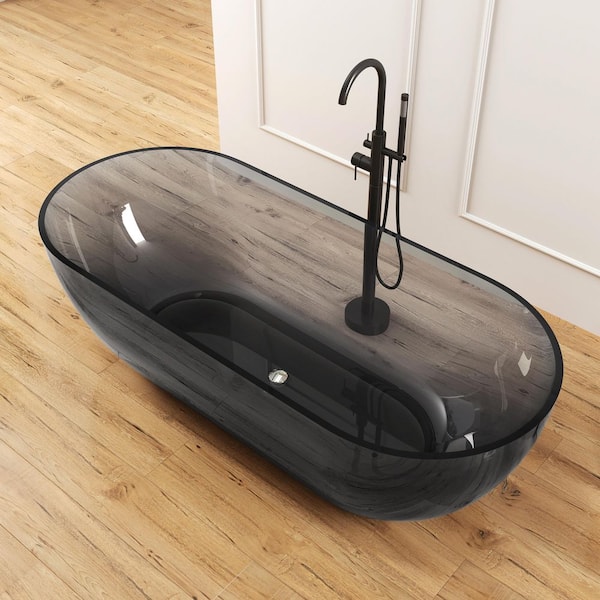 Ariana 69 in. x 30 in. Stone Resin Solid Surface Flatbottom Freestanding Soaking Bathtub in Transparent Gray