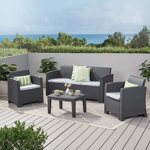 4-Piece Faux Wicker Patio Conversation Set with Light Gray Cushions