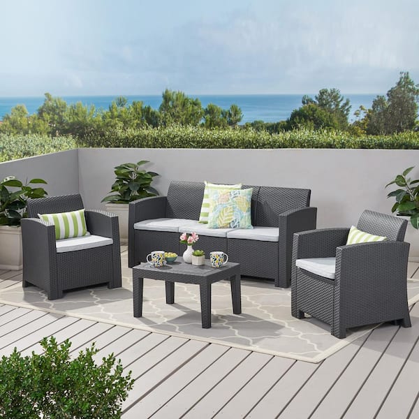 Noble House 4-Piece Faux Wicker Outdoor Patio Conversation Set with Light Gray Cushions