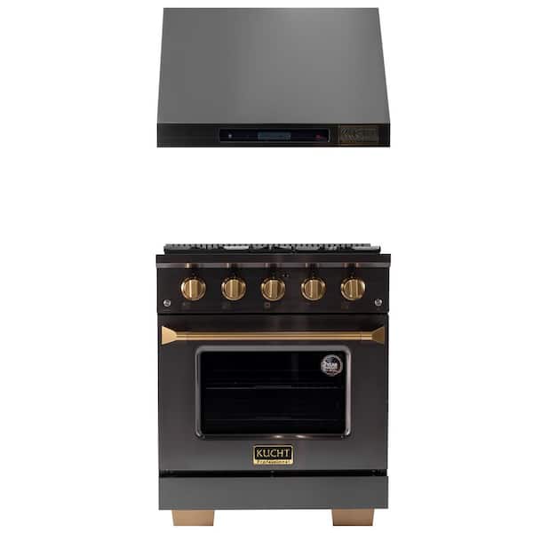 Kucht Gemstone 30 in. 4.2 cu. ft. 4-Burners Natural Gas Range with Convection Oven in Titanium SS + Under Cabinet Range Hood