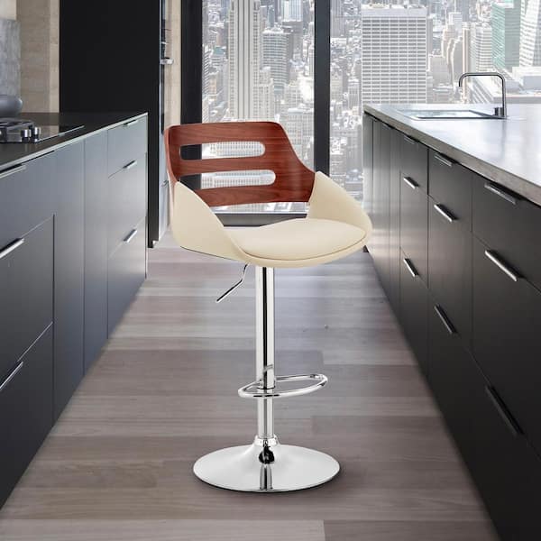 Armen Living Karter 25-33 in. Adjustable Height High Back Cream Faux Leather and Walnut Wood Bar Stool with Chrome Base