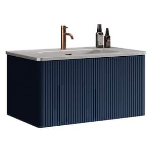 30 in. Wall Mounted Floating Bath Vanity with White Single Ceramic Basin Top and Push Open Drawer in Navy Blue