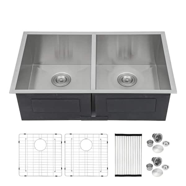 32 in. Undermount 50/50 Double Bowl 16 Gauge Stainless Steel Kitchen Sink with Accessories