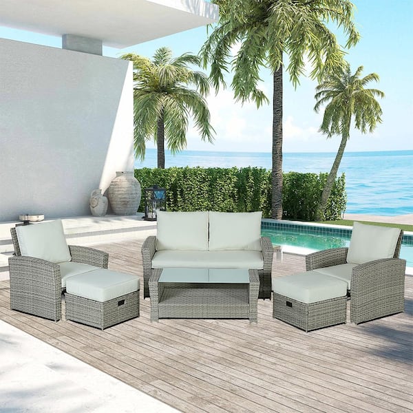 Zeus & Ruta 6--Piece Gray Wicker Outdoor Patio Sectional Sofa Conversation Set with Beige Cushions and 1 Coffee Table