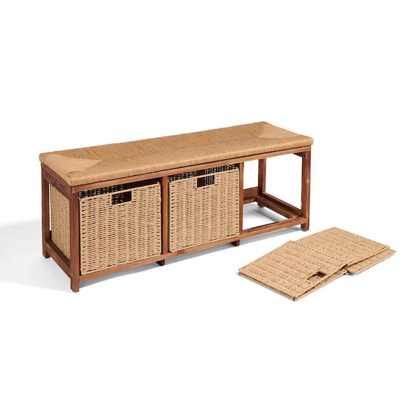 Badger Basket Brown Kid's Storage Bench with Woven Top and Baskets