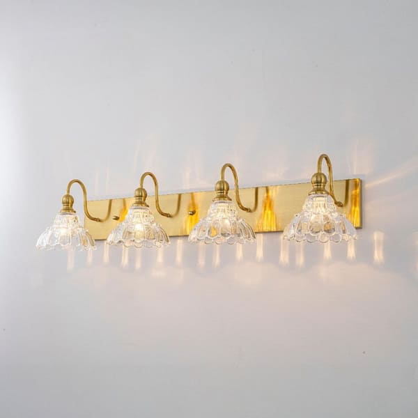37 in. 4-Light Antique Brass Vintage Bathroom Vanity Light with Flower Glass Shades