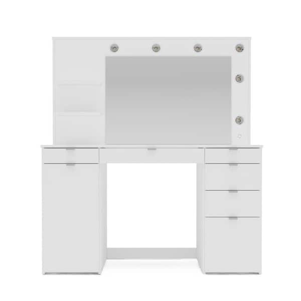 Polifurniture Olivia White Melamine Finish Makeup Vanity with Drawers and Lighted Mirror