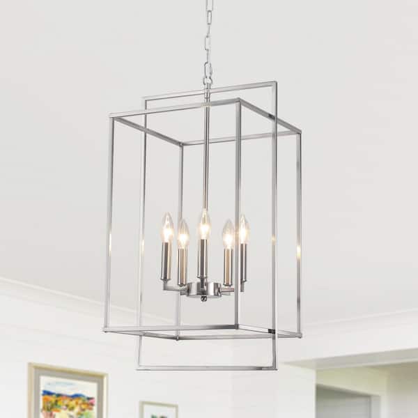 5 Light Nickel Dimmable Geometric Lantern Chandelier for Living Bedroom Room with No Bulbs Included