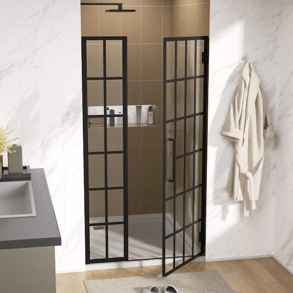 34 in. W x 72 in. H Pivot Semi Frameless Shower Door/Enclosure in Matte Black with Clear Grid Glass