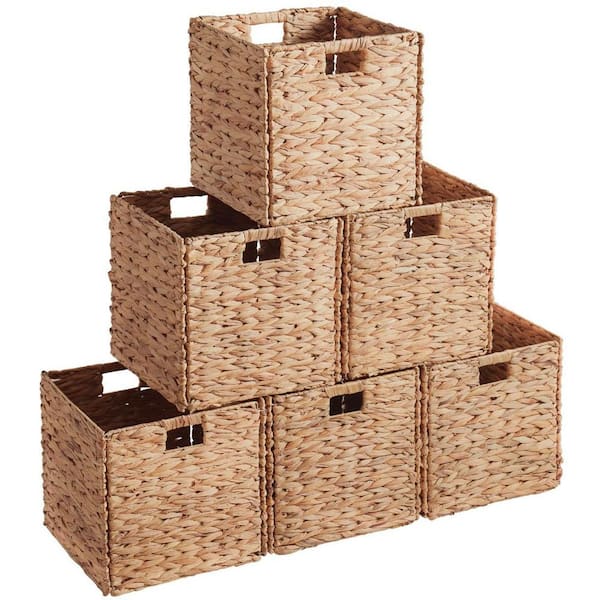 Ornavo Home Natural Brown, 10.5 in. x 10.5 in. Water Hyacinth Wicker Storage Decorative Baskets with Handles, Set of 6