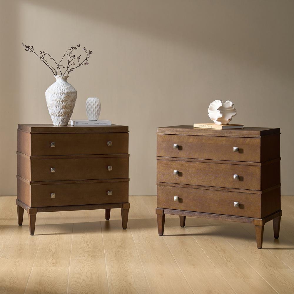 Nikolaus Walnut Transitional 3-Drawer Nightstand with Charging Station (Set of 2)