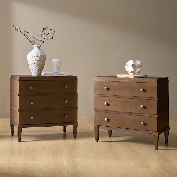 Nikolaus Walnut Transitional 3-Drawer Nightstand with Charging Station (Set of 2)