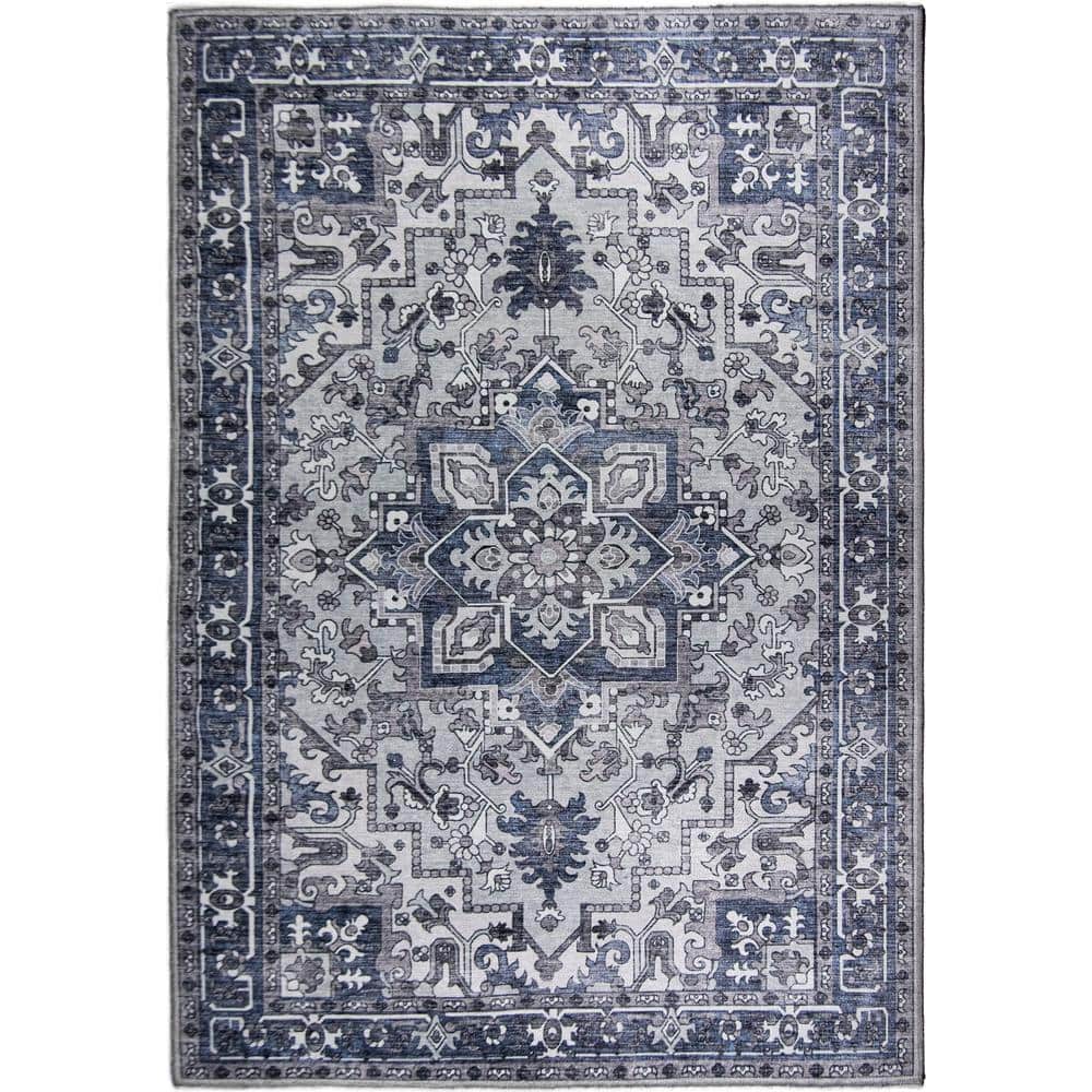 Lyla Blue and Gray Synthetic Traditional Washable 4' x 6' Area Rug
