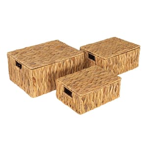Natural Rectangular Water Hyacinth Nesting Basket Set with Lid (Set of 3)