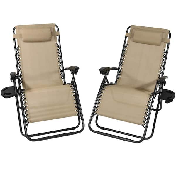 Sunnydaze Decor Oversized Khaki Zero Gravity Sling Patio Lounge Chair with Cupholder (2-Pack)