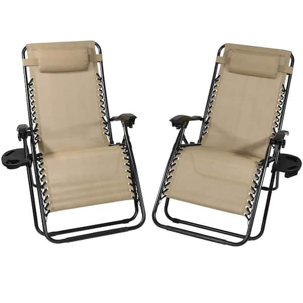 Sunnydaze Oversized Khaki Zero Gravity Sling Patio Lounge Chair with Cupholder (2-Pack)