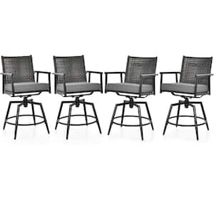 Patio Swivel Bar Metal Outdoor Bar Stools Counter Height Bar Chairs with PE Rattan Back with Gray Cushion (4-Pack)