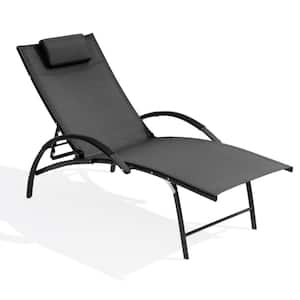 1-Piece Aluminum Adjustable Outdoor Chaise Lounge with Headrest in Black