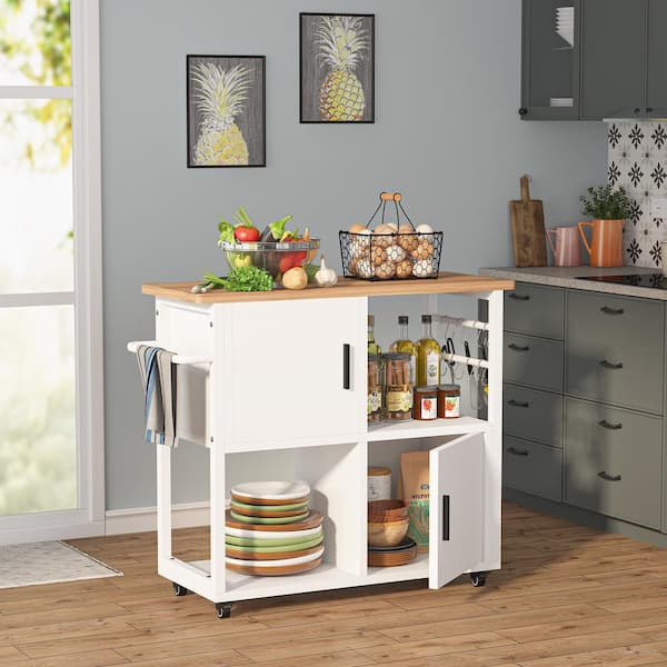 Byblight Keenyah White Kitchen Island Cart On Wheels With Storage Cabinet Towel Rack And Hooks Bb Jw0151 Xf Storage Cabinet Towel Rack, Small White Kitchen Island Cart