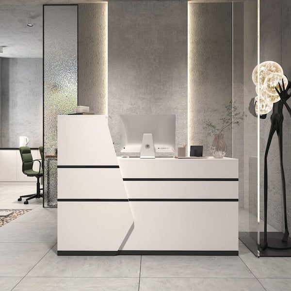 FUFU&GAGA 55.1 in. W -43.3 in. H White MDF L-Shaped Computer Desk with a Desktop 3-Storage Shelves 1-Drawer and 1-Cabinet