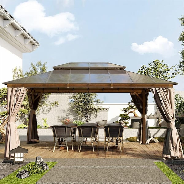 Mondawe 12 ft. x 16 ft. Outdoor Wood Grain Aluminum Frame Polycarbonate Hardtop Double Roof Gazebo with Curtains and Net