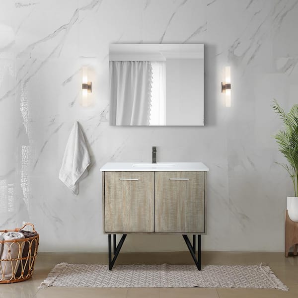 Lancy 36 in W x 20 in D Rustic Acacia Bath Vanity, White Quartz Top, Gun Metal Faucet Set and 28 in Mirror