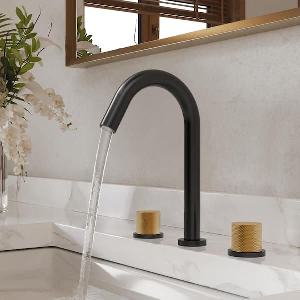 SerenityStream High Arc 8 in. Widespread Double Handle Bathroom Faucet in Matte Black and Brushed Gold Drain Included