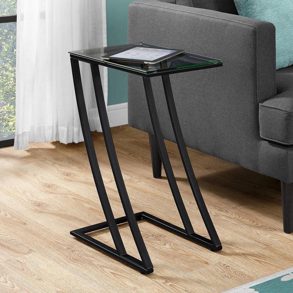 Sleek 24" Black Metal and Clear Tempered Glass Accent Table
