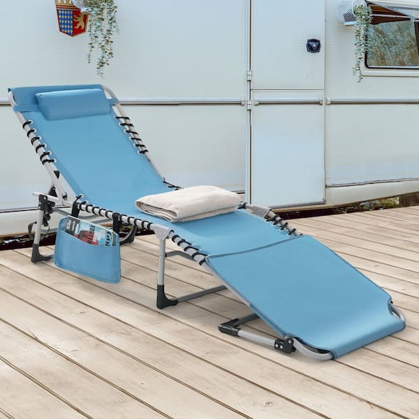 Black Folding Textilene and Steel Outdoor Lounge Chair in Blue with 5-Position Adjustable Backrest