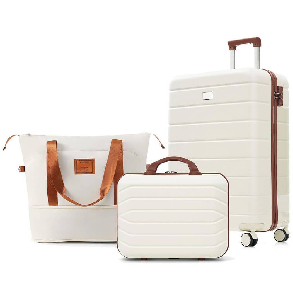 3-Piece Ivory and Brown ABS Plastic Hardshell Double Spinner 14 in. 20 in. Luggage Set with Expandable Duffel Bag, Hooks