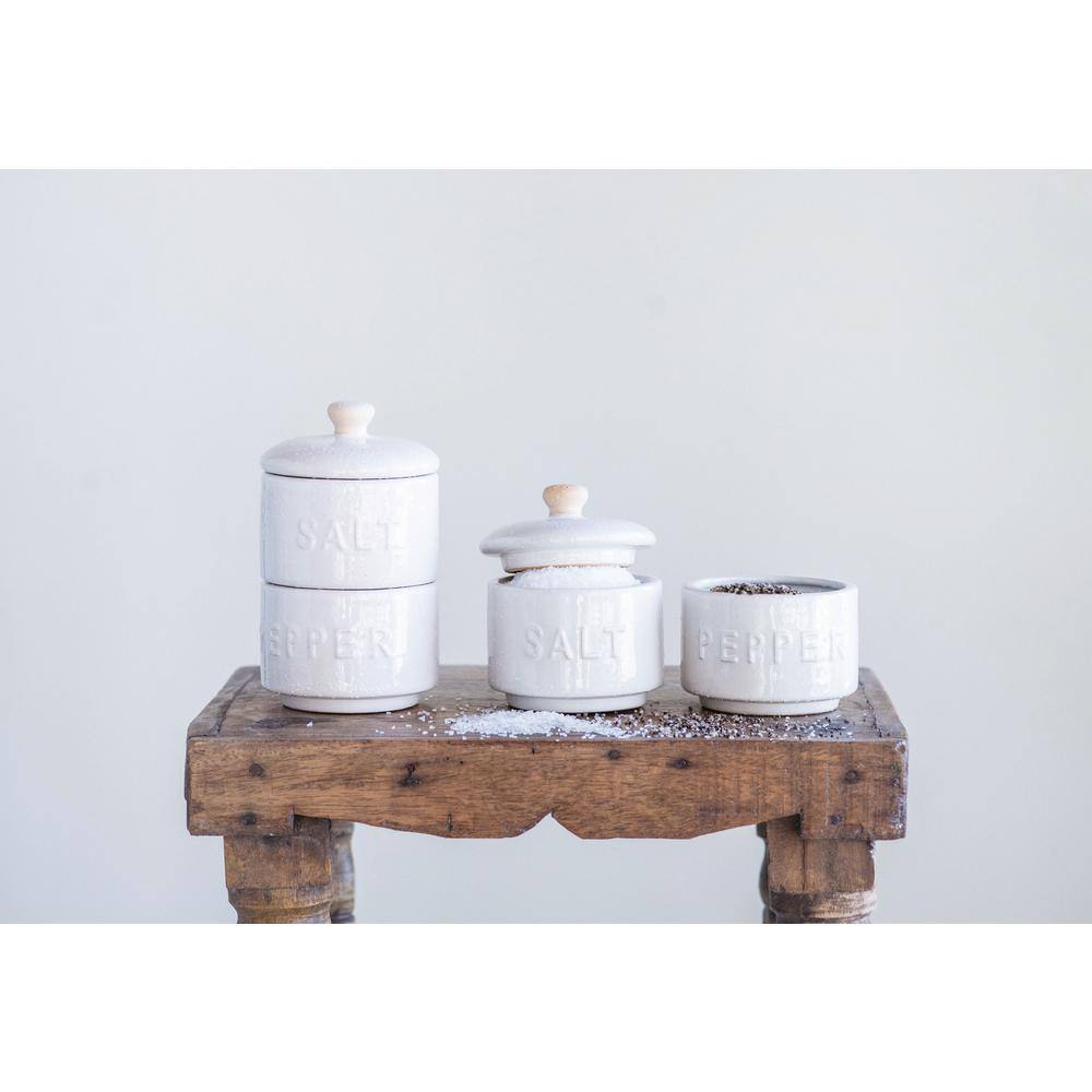 Beige Stackable Stoneware Salt and Pepper Pinch Pots with Lid
