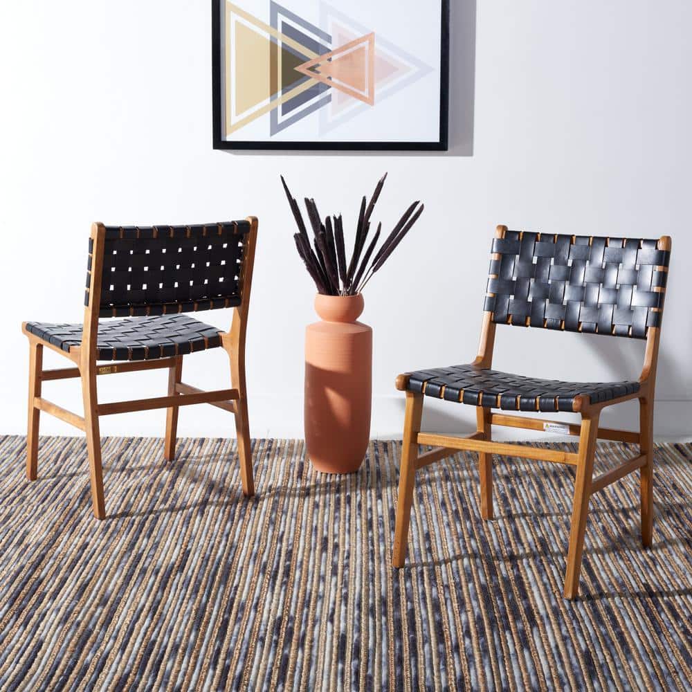 Taika Black Woven Leather and Natural Wood Dining Chair Set