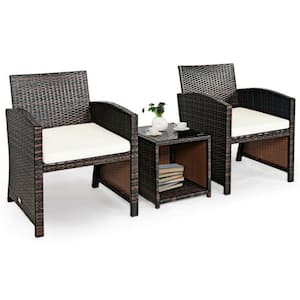 3-Piece PE Rattan Wicker Patio Conversation Set Furniture Set with White Cushions Sofa Coffee Table for Garden