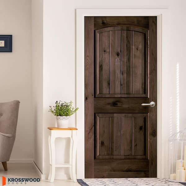 Assembly Required 28 in. x 80 in. Knotty Alder 2-Panel Left-Hand Top Arch VG Black Stain Wood Door Kit w/Separate Jamb