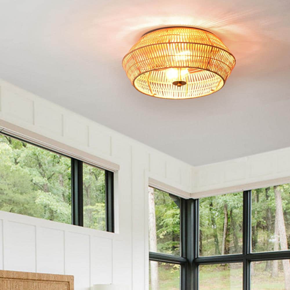 Vintage Brass and Natural Rattan Geometric Cage Flush Mount Light