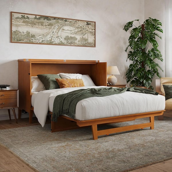 Santa Fe Light Toffee Natural Bronze Solid Wood Frame Queen Murphy Bed Chest with Mattress and Built-in Charger