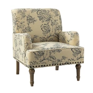 Latina Indigo Floral Patterns Armchair with Nailhead Trim and Turned Solid Wood Legs