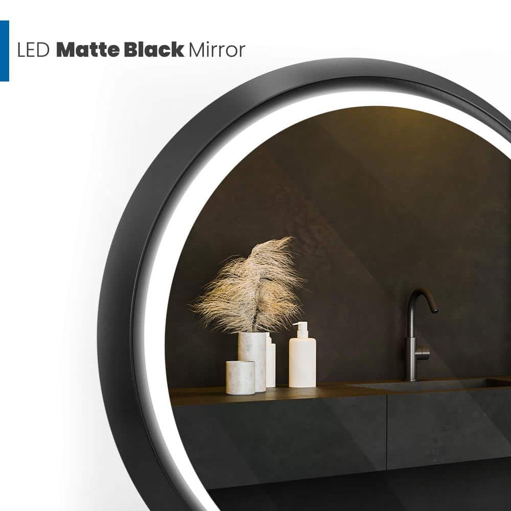 36 Inch Round Black LED Bathroom Vanity Mirror with Anti-Fog