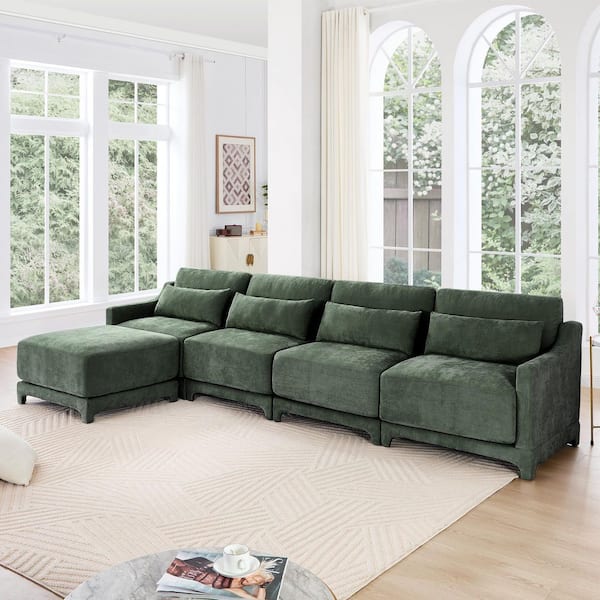 ZBXXRB 141.7 in. Straight Arm 5-Piece Chenille Modular Sectional Sofa with Comfort, 4-Seater, Ottoman in Forest Green