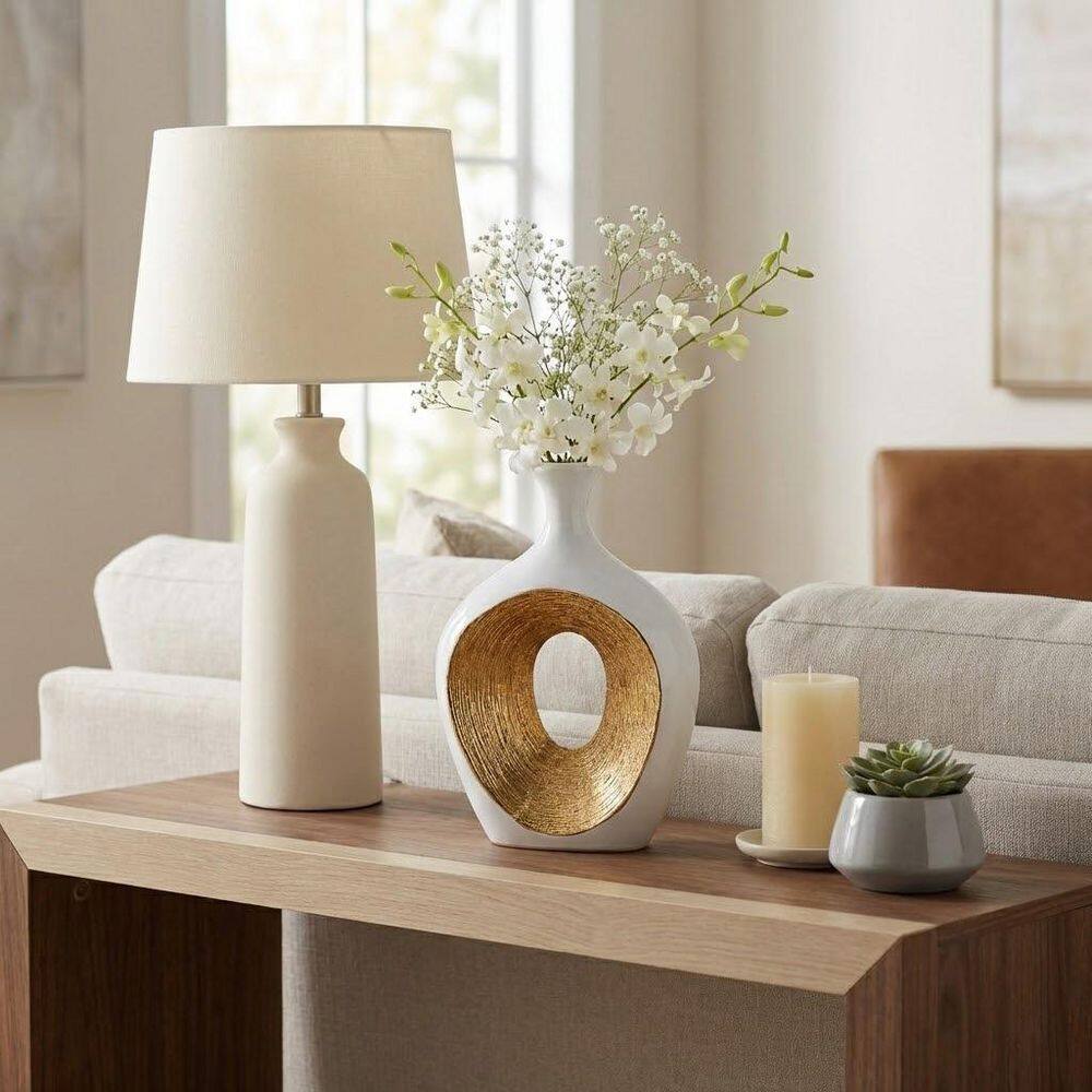 13 in. White/Gold Ceramic Geometric 2-Tone Scratched Decorative Vase