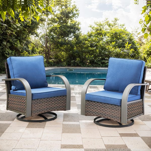 Gymojoy TwilightZone 2-Person Brown Wicker Patio Swivel Chair Outdoor Glider with CushionGuard Blue Cushion